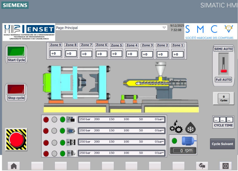 Main HMI screen for SMCV injection molding machine