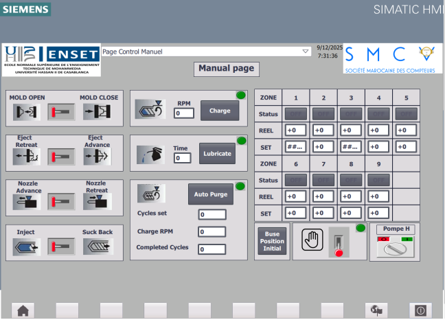 Manual control HMI screen for SMCV injection molding machine