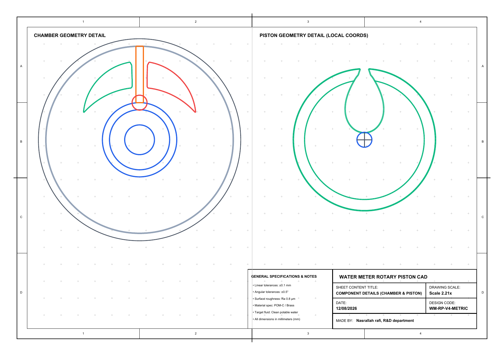 Smart water meter blueprint sheet 2 showing chamber geometry and piston geometry details