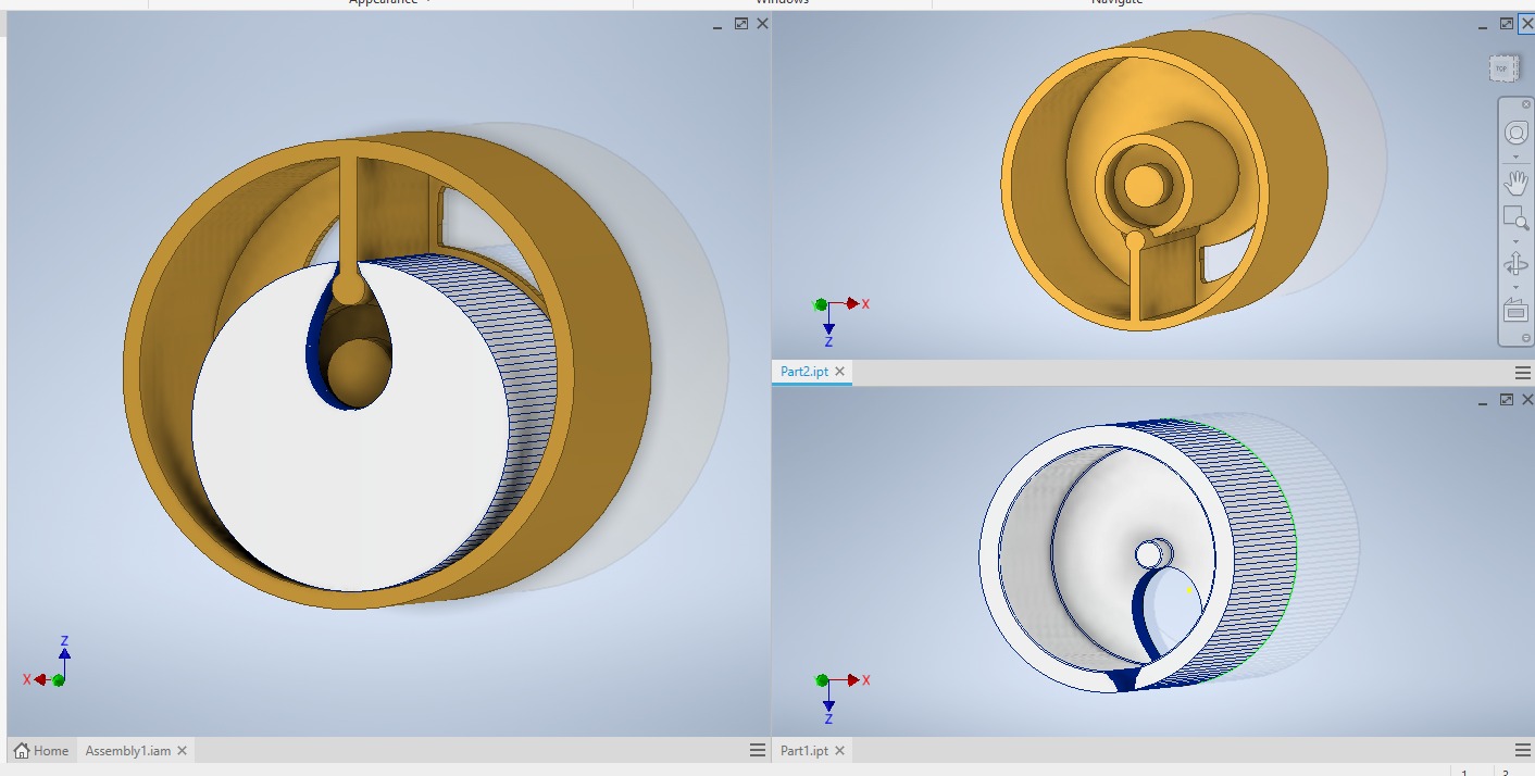3D CAD views of the smart water meter rotary measuring chamber and piston assembly